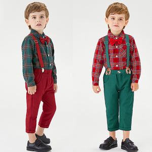 Toddler Boys’ Christmas Plaid Shirt and Suspender Pants Outfit Set (3M–8T)
