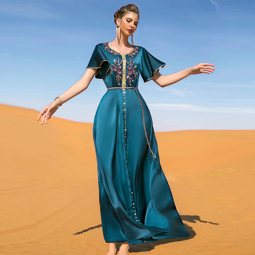 Emerald Desert Bloom Kaftan | Crystal-Embellished Maxi Dress - Yarafly 