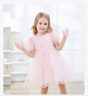 Girls Princess Puff Sleeve Tulle Dress - Pink or White