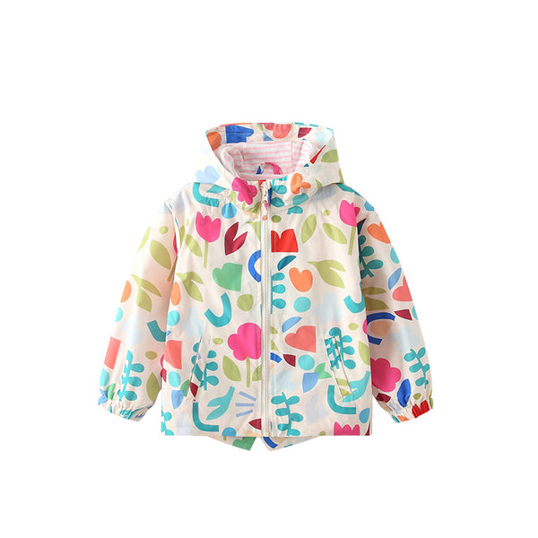 White Colorful Floral Toddler & Kids Windbreaker Jacket (2T–7T)