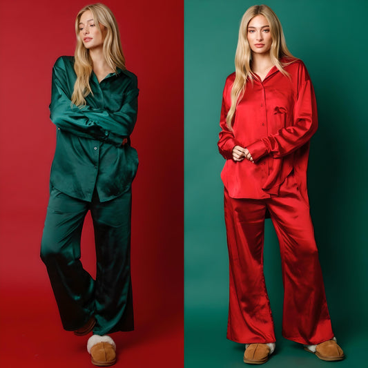 Luxury Silk Satin Pajama Set | Classic Button-Down Long Sleeve PJ Set with Pants | Christmas Holiday Loungewear - Yarafly 