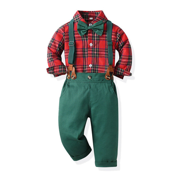 Toddler Boys’ Christmas Plaid Shirt and Suspender Pants Outfit Set (3M–8T)