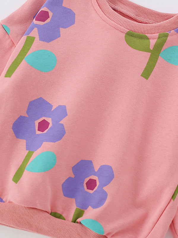 Toddler & Kids Pink Floral Sweatshirt and Blue Leggings Set (Ages 3T–8T)