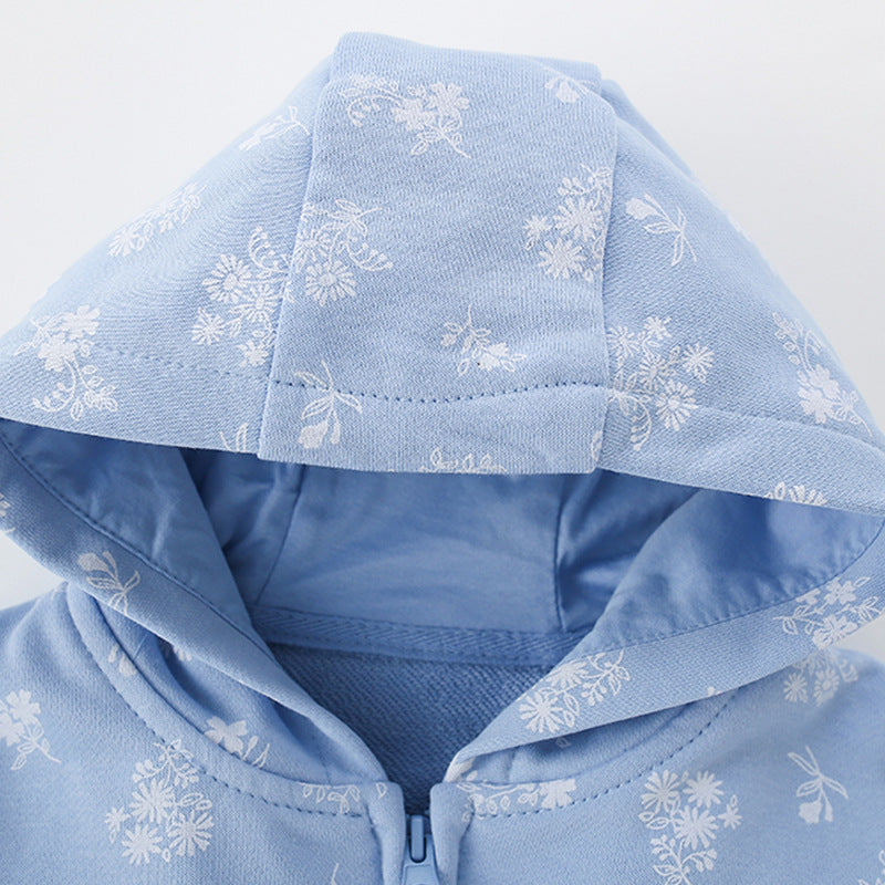 Toddler & Kids Light Blue Floral Print Hoodie Jacket (2T–7T)