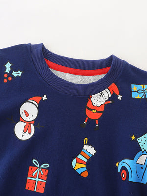 Navy Christmas Sweatshirt for Toddler and Kids Boys - Long Sleeve Cartoon Print