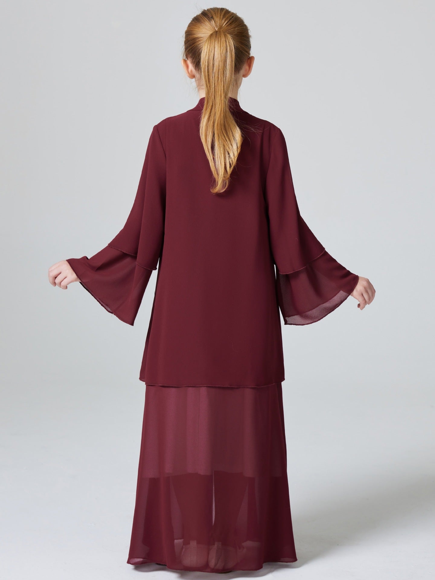 Girls 2 Layer Chiffon Red Cardigan Abaya Robe Dress - Yarafly 