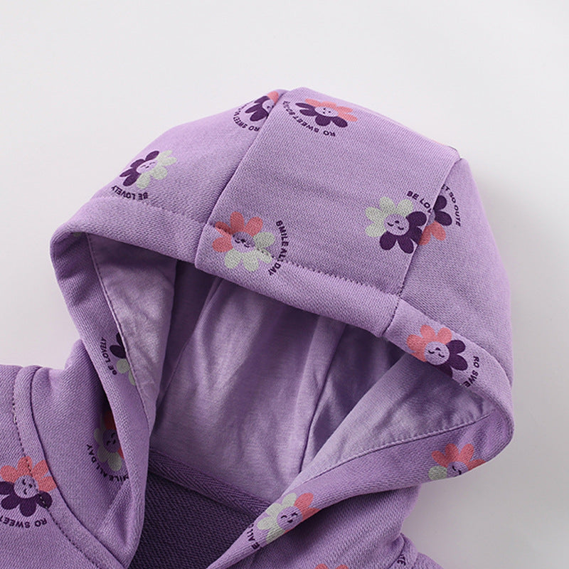 Toddler & Kids Purple Smiling Flower Print Zip Hoodie Jacket (2T–7T)