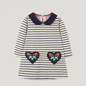 Girls Striped Long Sleeve Dress with Embroidered Hearts - Sizes 2T to 7T