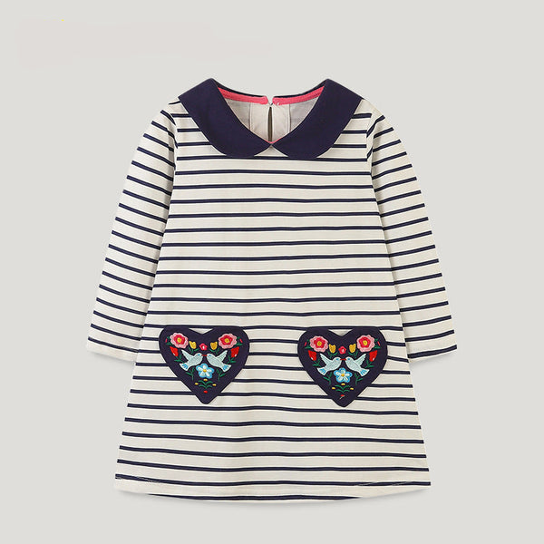 Girls Striped Long Sleeve Dress with Embroidered Hearts - Sizes 2T to 7T