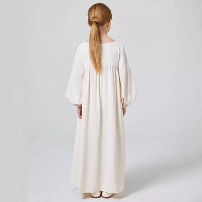 Girls White Cream Stretch Ruffled Sleeve Abaya Robe Dress - Yarafly 