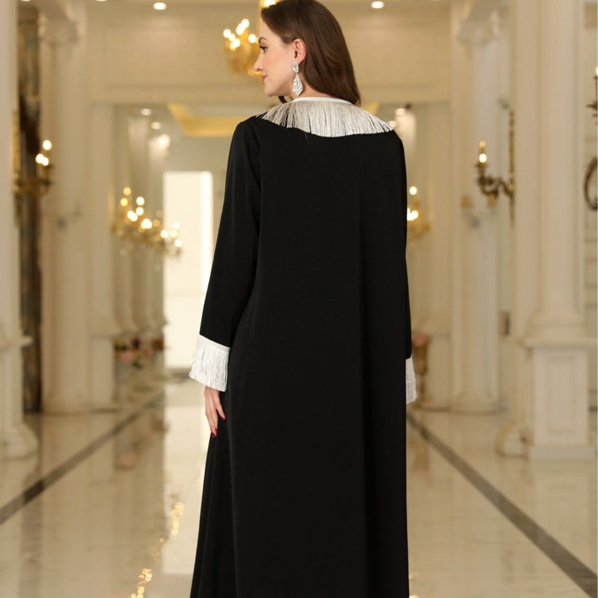 Tala Black Abaya with White Fringe | Luxury Statement Dress - Yarafly 