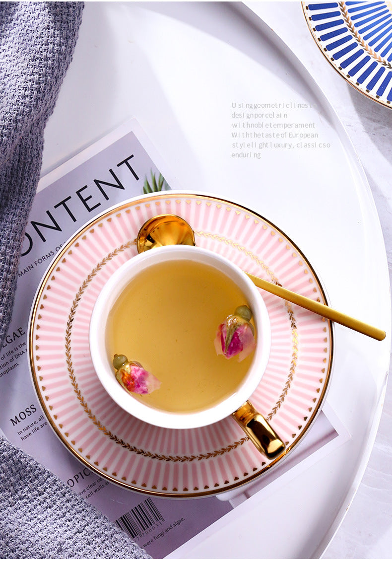 British Luxury Gold-Plated Pink Ceramic Coffee/Tea Cup & Saucer Set with Spoon - Yarafly 