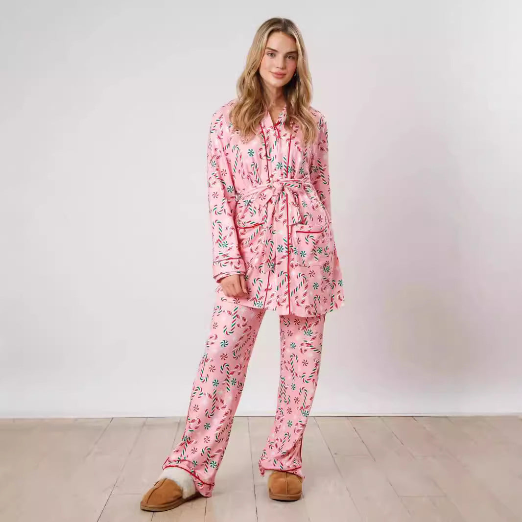 Holiday Print Satin Pajama Sets | Santa & Candy Cane PJs | Christmas Loungewear - Yarafly 