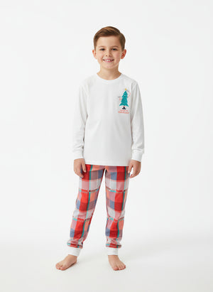 Toddler and Kids Boys Christmas Outfit Set - White Top Red Plaid Pants