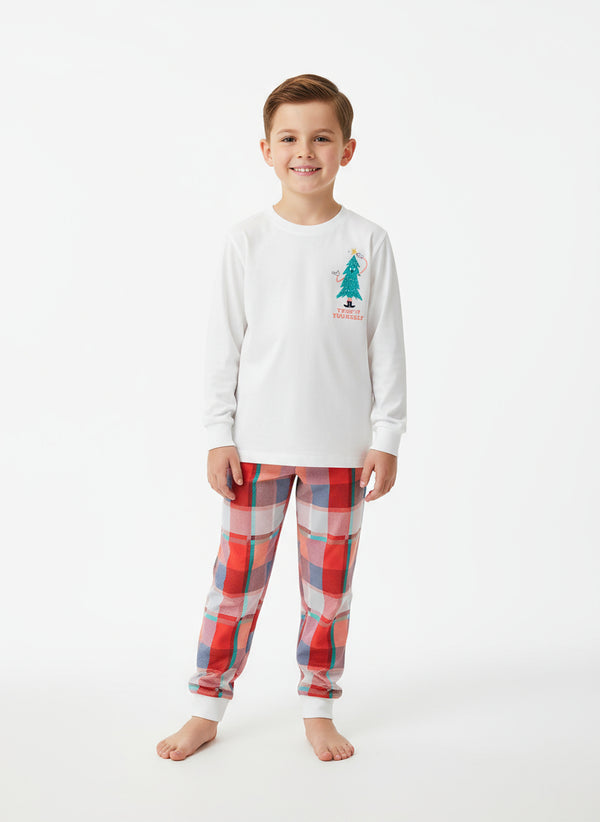 Toddler and Kids Boys Christmas Outfit Set - White Top Red Plaid Pants