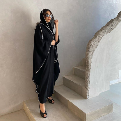 Modern Black Abaya with White Piping | Butterfly Cut Abaya | Modest Wear - Yarafly 