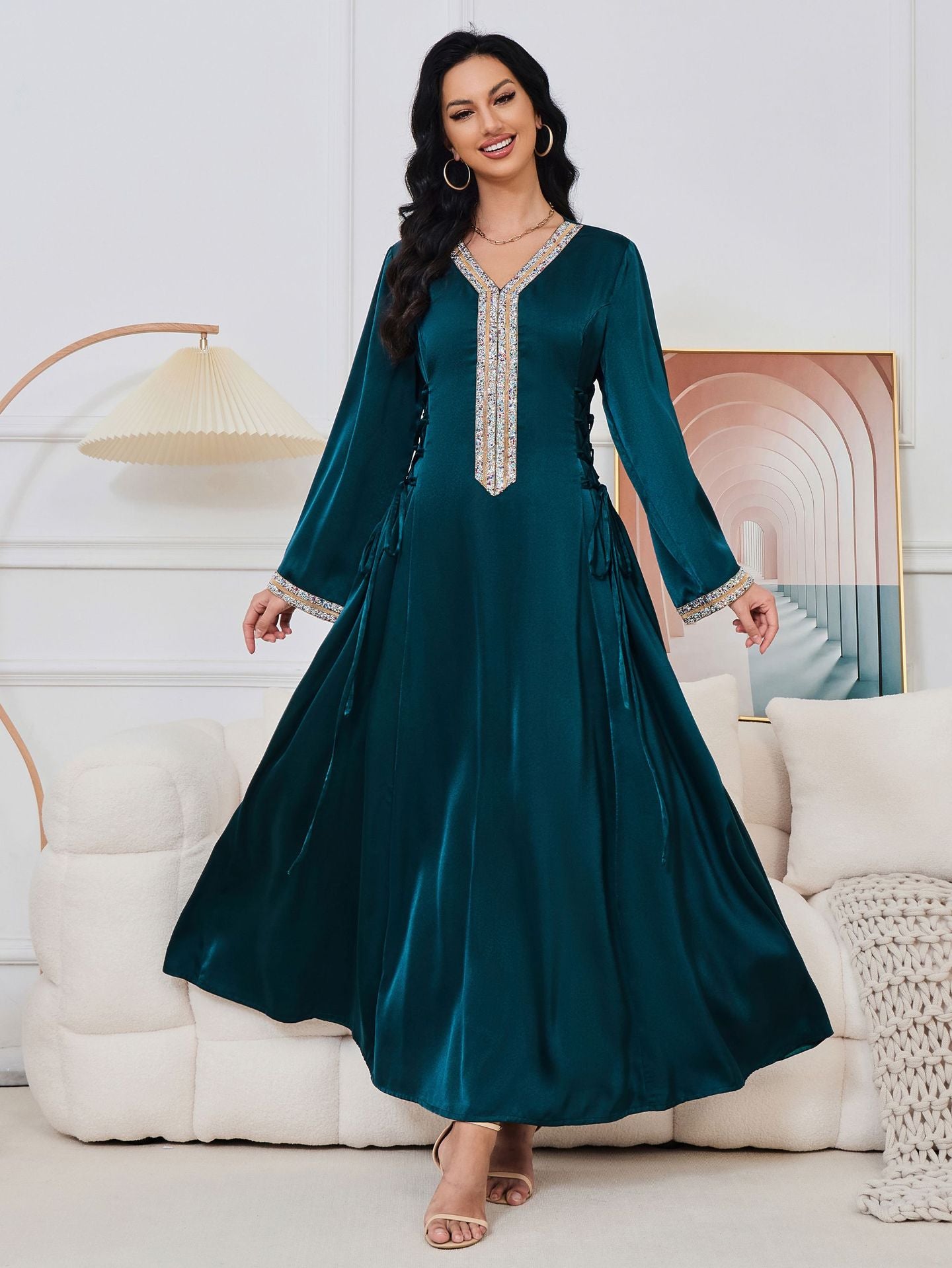 Azure Satin Kaftan Dress - Yarafly 