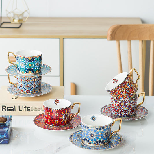 Colorful Moroccan-Inspired European Ceramic Coffee/Tea Cup & Saucer Set - Yarafly 