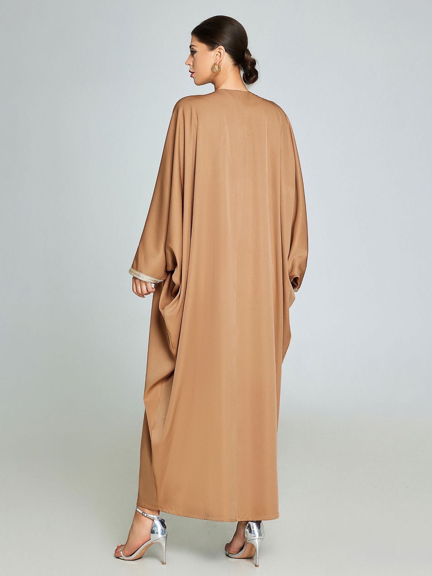 Luxurious Iraqi Open Abaya | Gold-Trimmed Camel Kaftan | Modest Fashion - Yarafly 