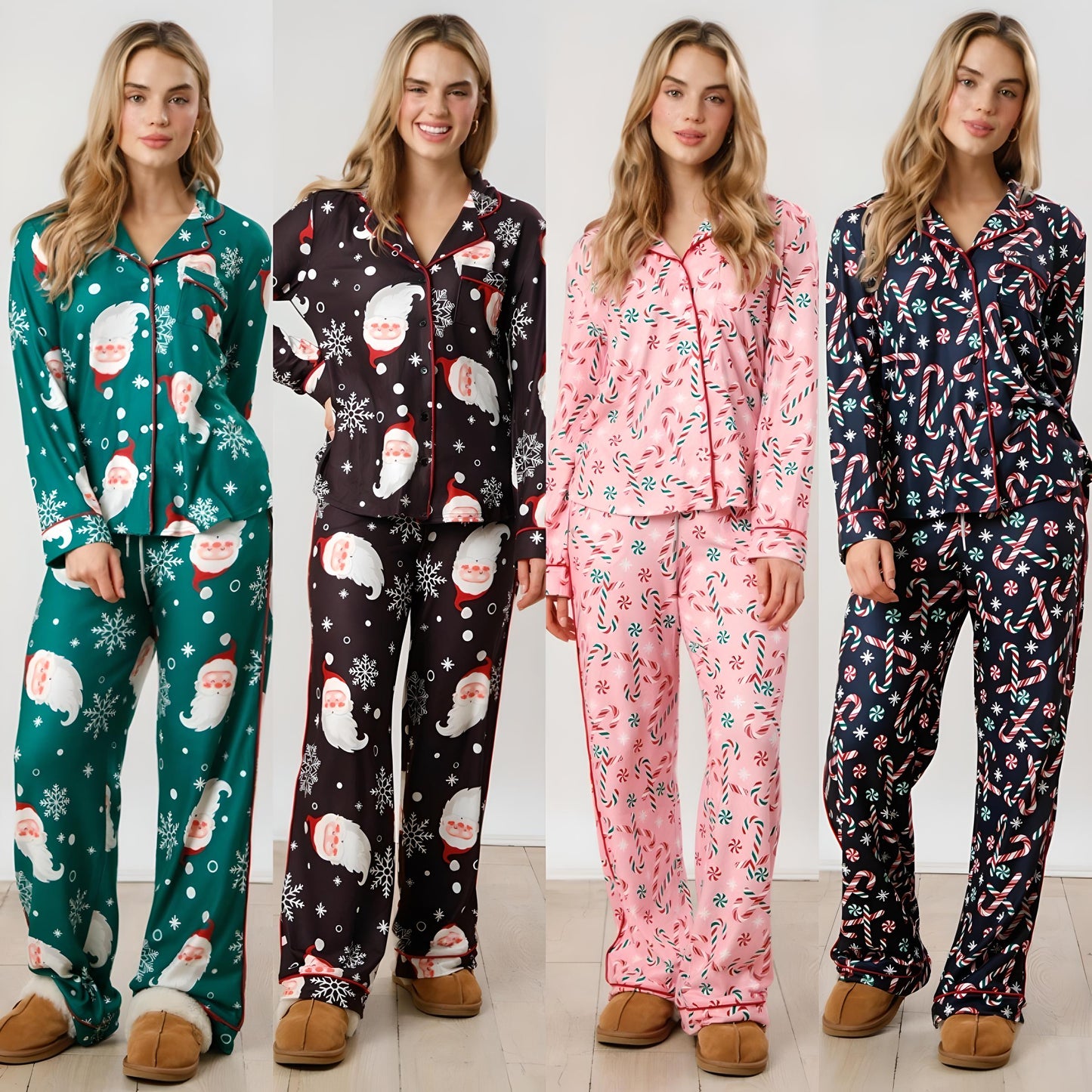 Holiday Print Satin Pajama Sets | Santa & Candy Cane PJs | Christmas Loungewear - Yarafly 