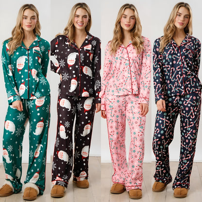 Holiday Print Satin Pajama Sets | Santa & Candy Cane PJs | Christmas Loungewear - Yarafly 