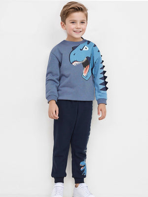 Boys Dinosaur Print Sweatshirt and Sweatpants Outfit Set - Blue Cartoon 2-Piece for Toddler and Kids