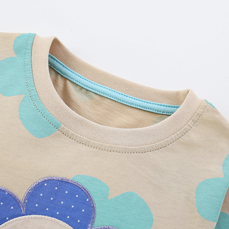 Toddler & Kids Smiley Flower Pajama Set in Beige and Blue - Yarafly