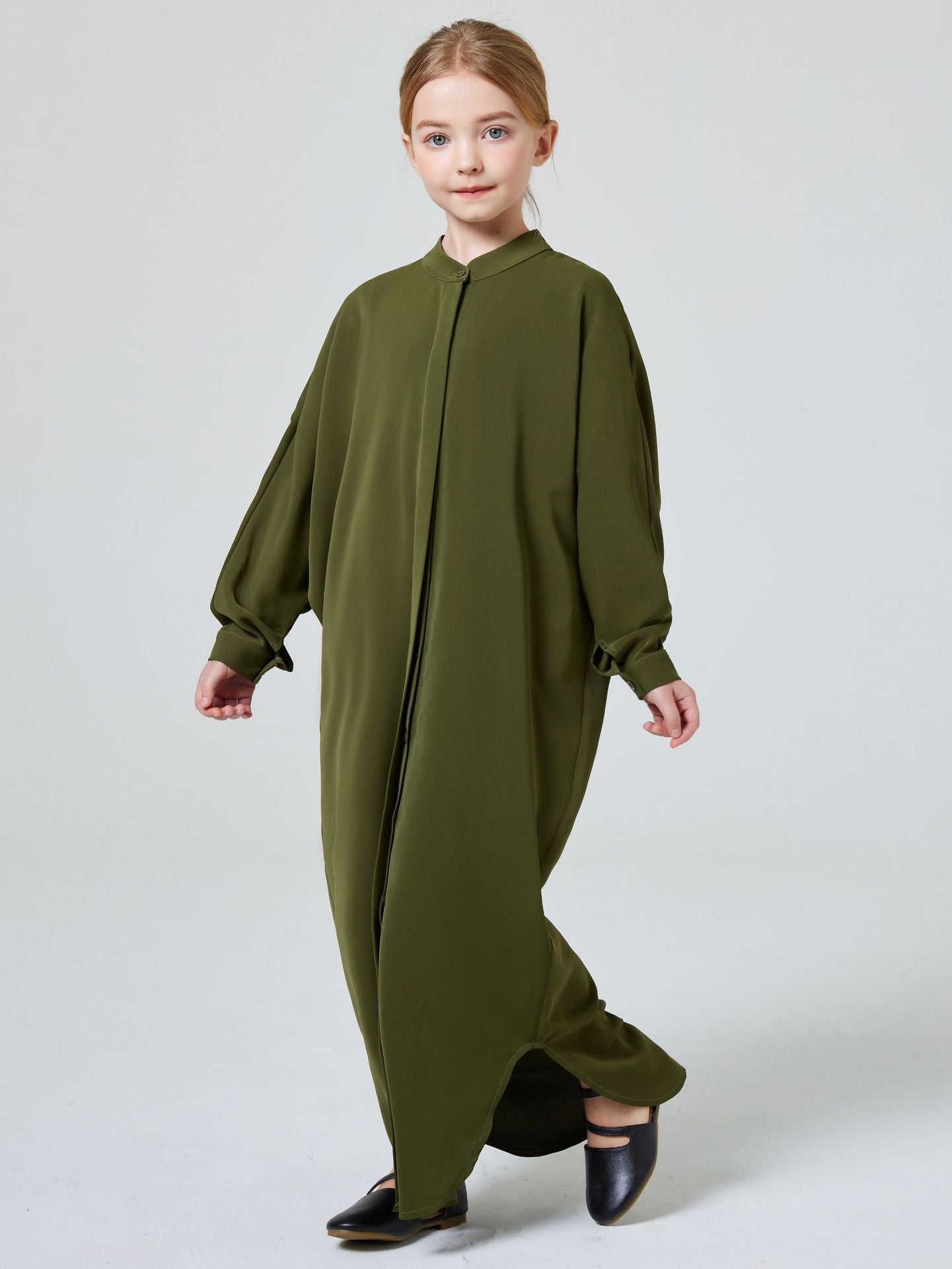 Girls' Modest Olive Green Abaya Dress - Yarafly 