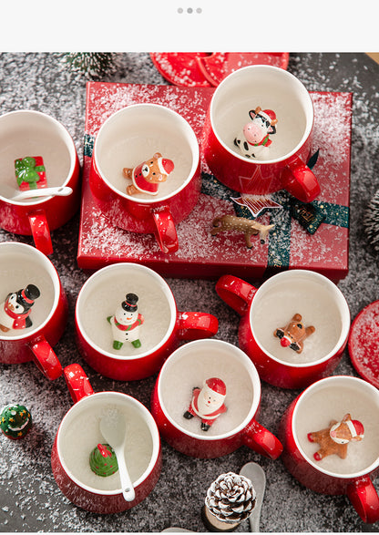 Festive Christmas Character Mugs Set - Red Ceramic Holiday Cups with 3D Figures - Yarafly 