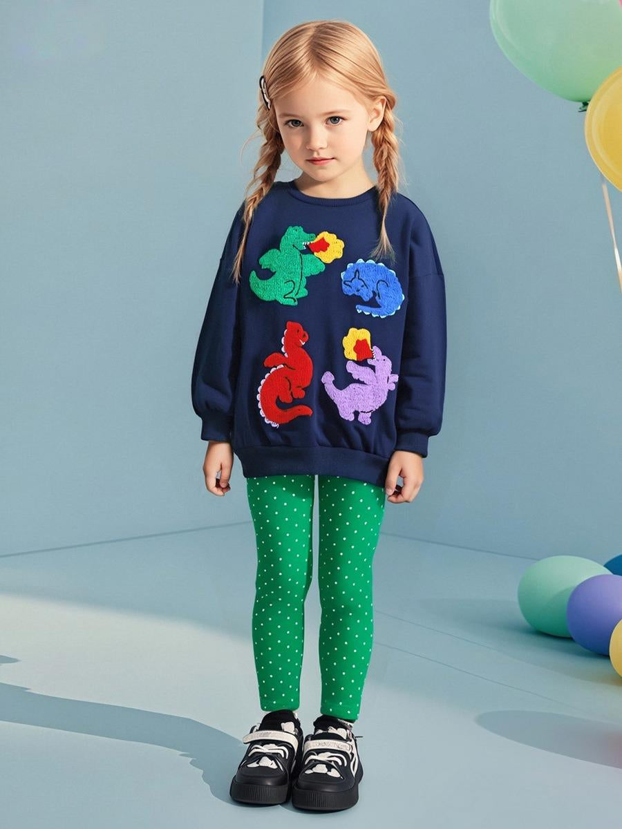 Toddler & Kids Colorful Dinosaur Sweatshirt with Green Polka Dot Leggings Outfit - Yarafly