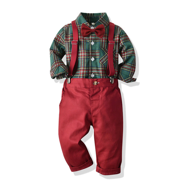 Toddler Boys’ Christmas Plaid Shirt and Suspender Pants Outfit Set (3M–8T)