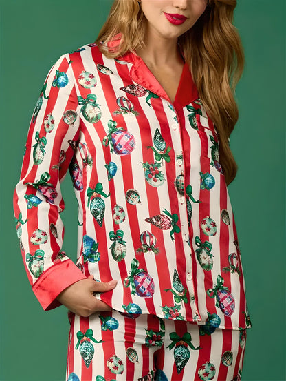 Women's Luxury Holiday Pajama Set | Button-Up PJs | Classic Piping Detail - Yarafly 