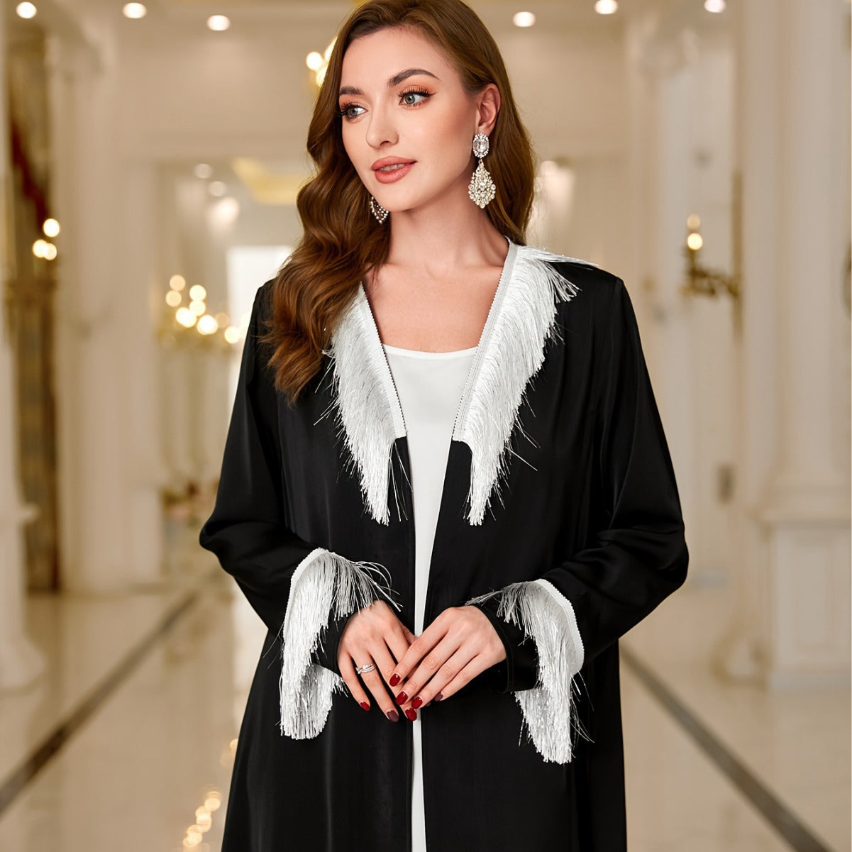 Tala Black Abaya with White Fringe | Luxury Statement Dress - Yarafly 