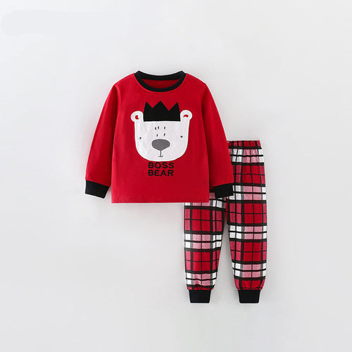 Red Plaid Boss Bear Christmas Pajama Set for Toddler and Kids Boys and Girls