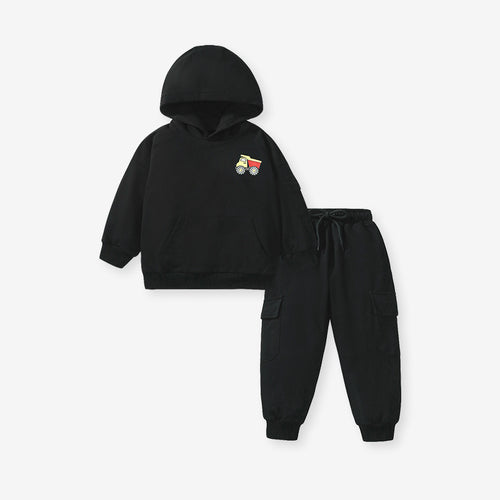 kids black Tractor hoodie Set