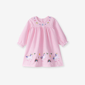 Toddler & Kids Pink Gingham Unicorn Dress – Long Sleeve Outfit - Yarafly