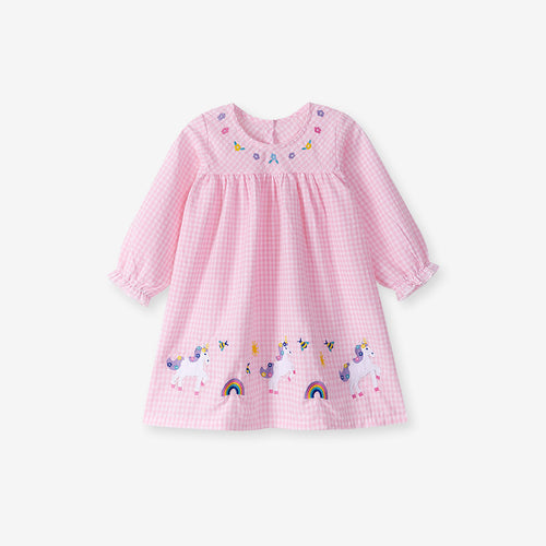 Toddler & Kids Pink Gingham Unicorn Dress – Long Sleeve Outfit - Yarafly