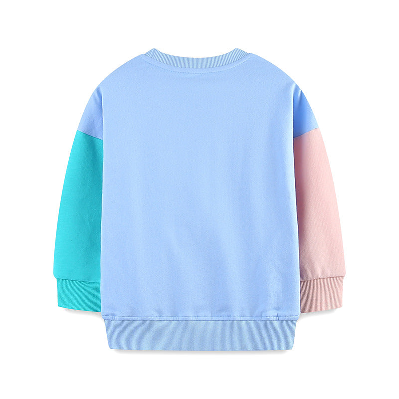 Children's sweater with a colorful ladybug design on a light gray background