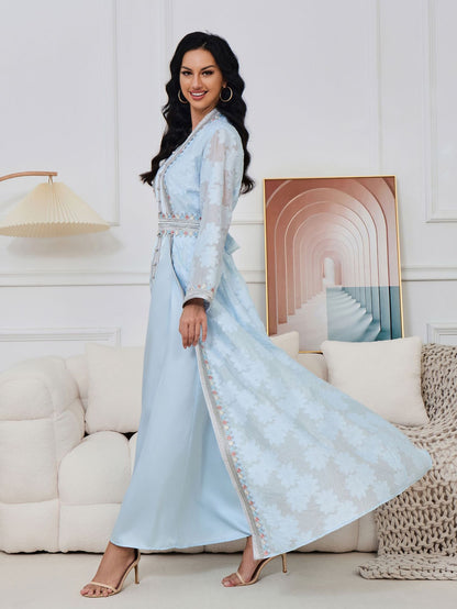 Powder Blue Jacquard 2-Piece Abaya Set with Floral Embroidery - Yarafly 