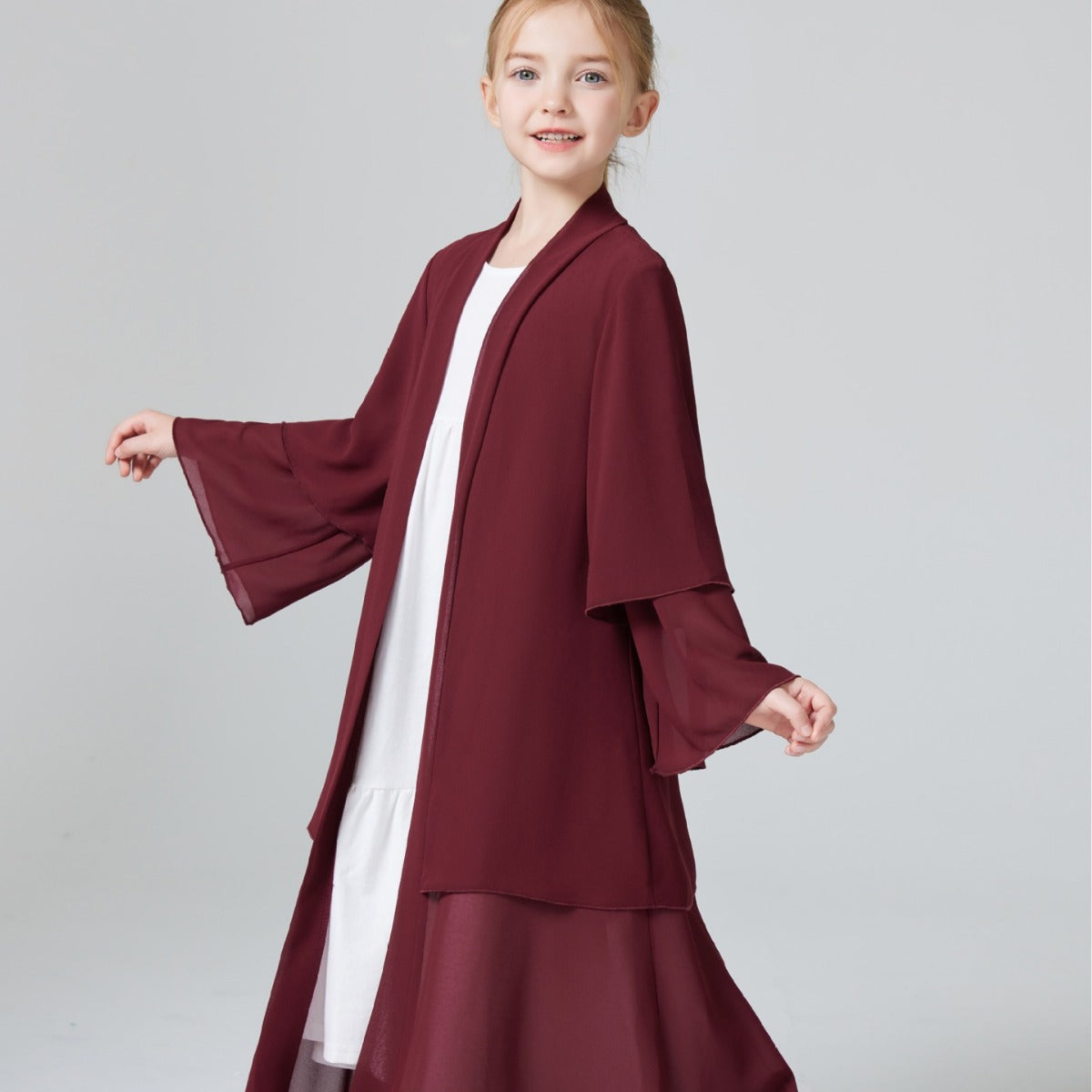 Girls 2 Layer Chiffon Red Cardigan Abaya Robe Dress - Yarafly 