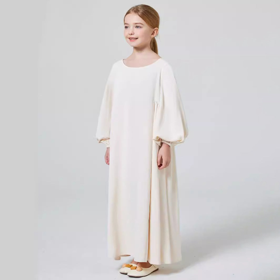 Girls White Cream Stretch Ruffled Sleeve Abaya Robe Dress - Yarafly 