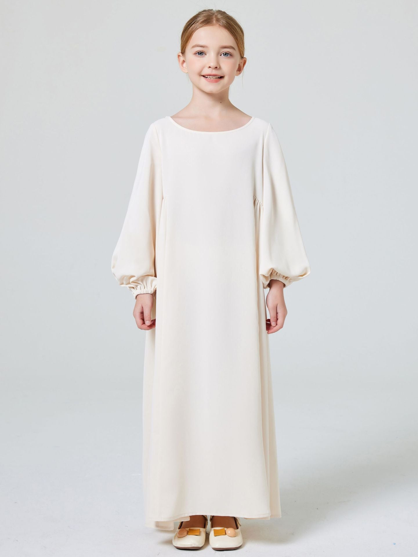 Girls White Cream Stretch Ruffled Sleeve Abaya Robe Dress - Yarafly 