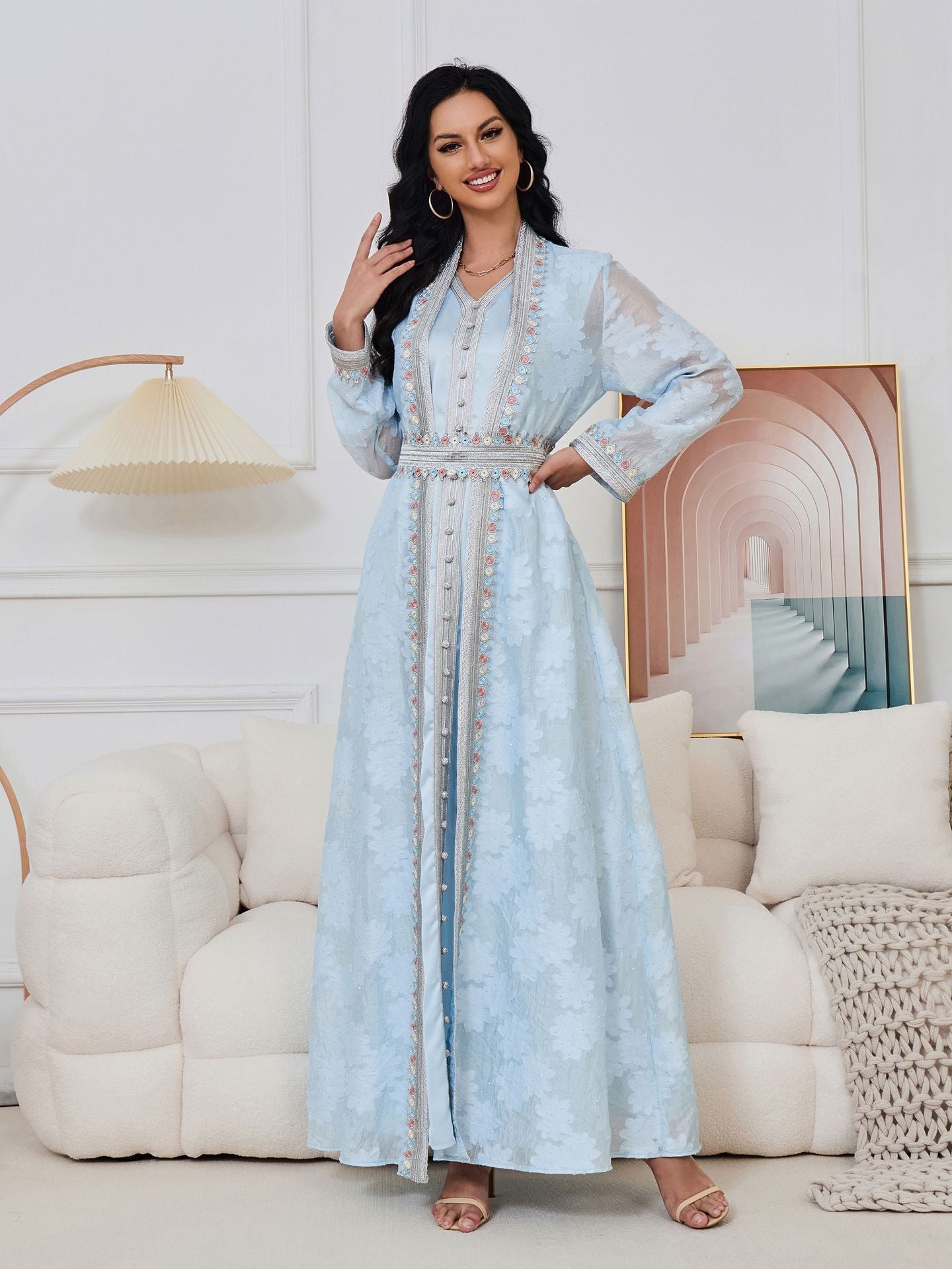 Powder Blue Jacquard 2-Piece Abaya Set with Floral Embroidery - Yarafly 