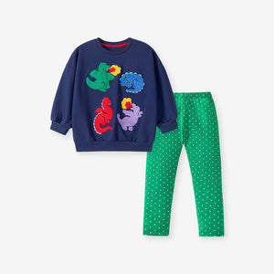 Toddler & Kids Colorful Dinosaur Sweatshirt with Green Polka Dot Leggings Outfit - Yarafly