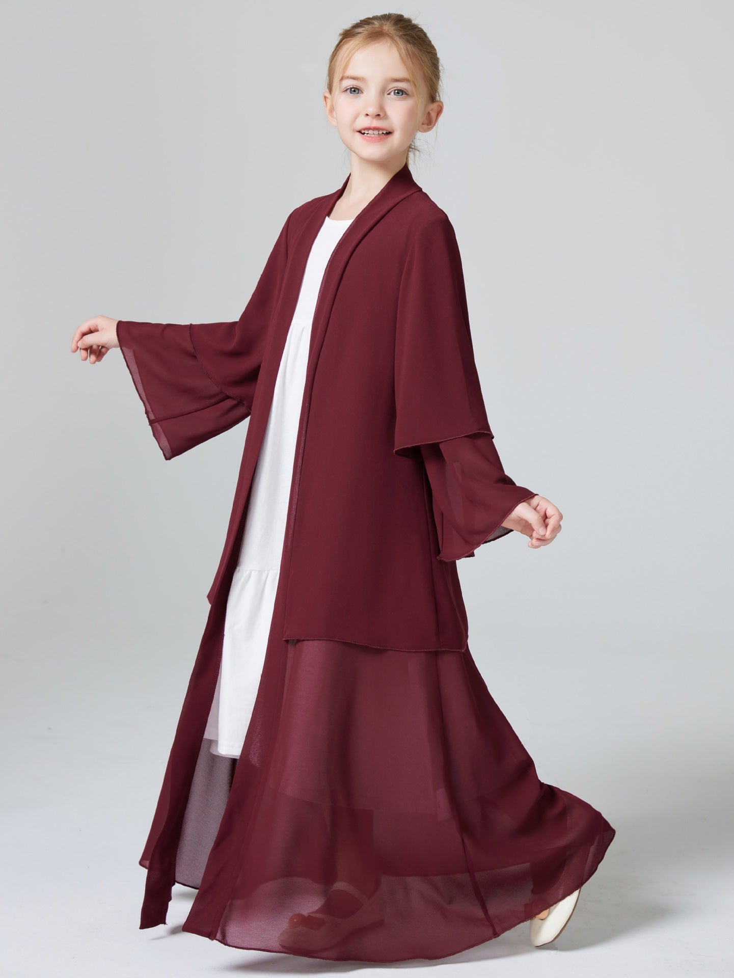 Girls 2 Layer Chiffon Red Cardigan Abaya Robe Dress - Yarafly 