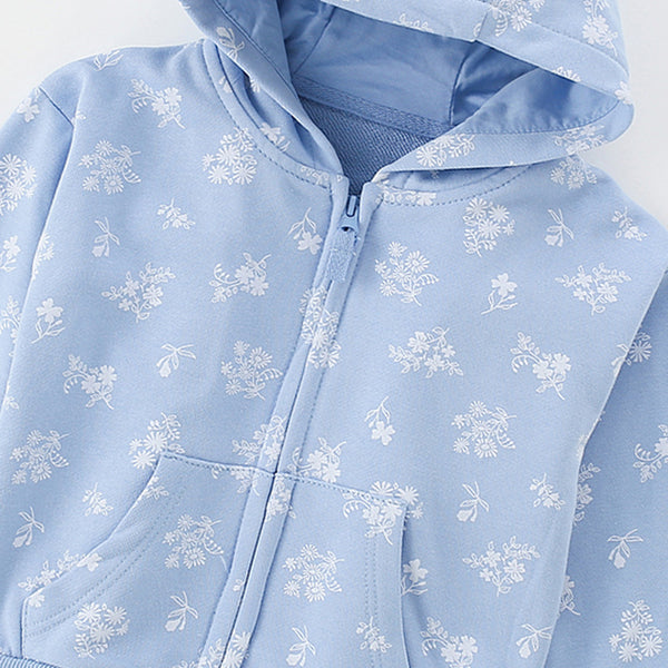 Toddler & Kids Light Blue Floral Print Hoodie Jacket (2T–7T)