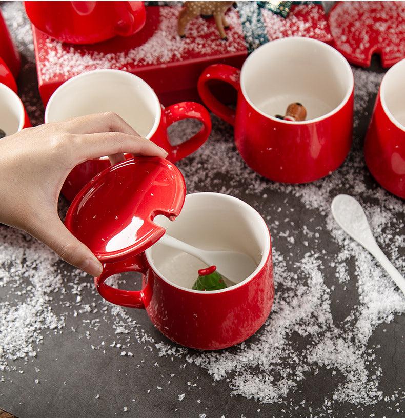 Festive Christmas Character Mugs Set - Red Ceramic Holiday Cups with 3D Figures - Yarafly 