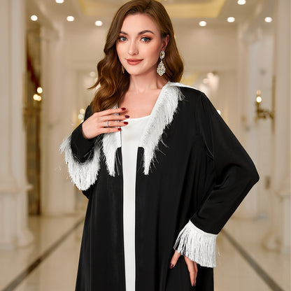 Tala Black Abaya with White Fringe | Luxury Statement Dress - Yarafly 