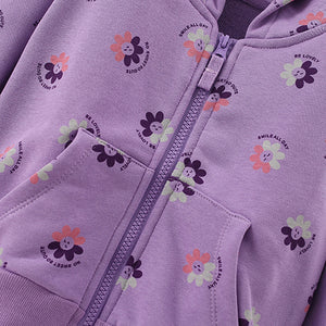 Toddler & Kids Purple Smiling Flower Print Zip Hoodie Jacket (2T–7T)
