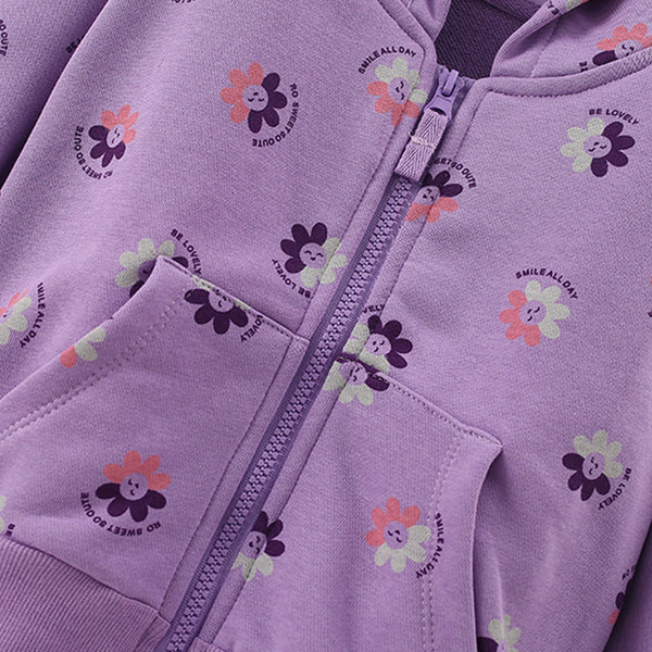 Toddler & Kids Purple Smiling Flower Print Zip Hoodie Jacket (2T–7T)